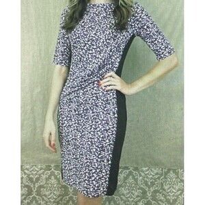 NWT Larry Lavine Lined Cobalt Blue Pattern Dress Ruching Knee Length Size Small